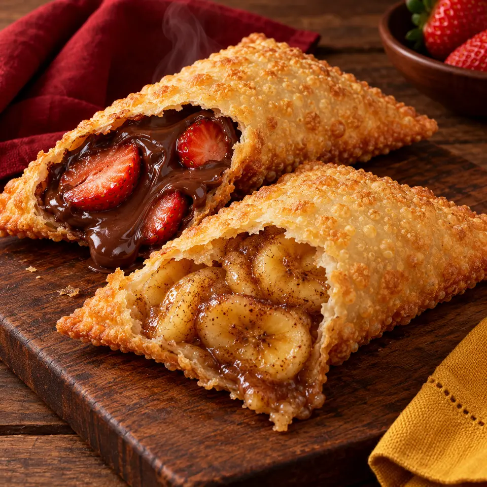 Pastéis doces ilustrativos de banana e chocolate com morango