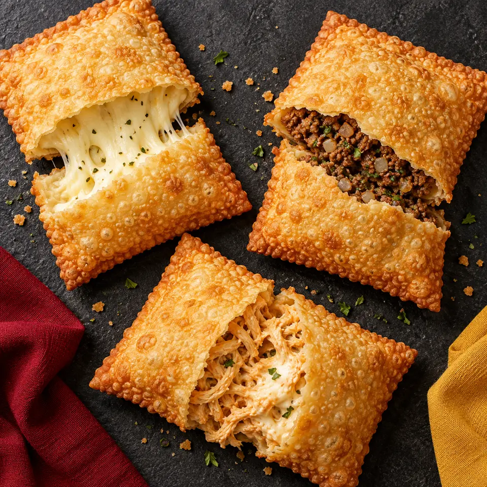 Pastéis ilustrativos de queijo, carne e frango